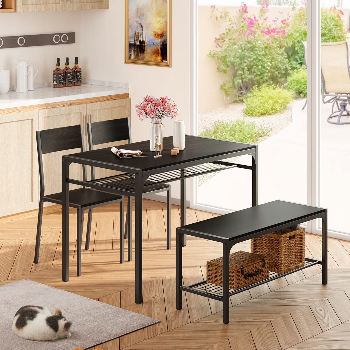 Black Kitchen Table with 2 Chairs and Bench with Storage Rack H992323