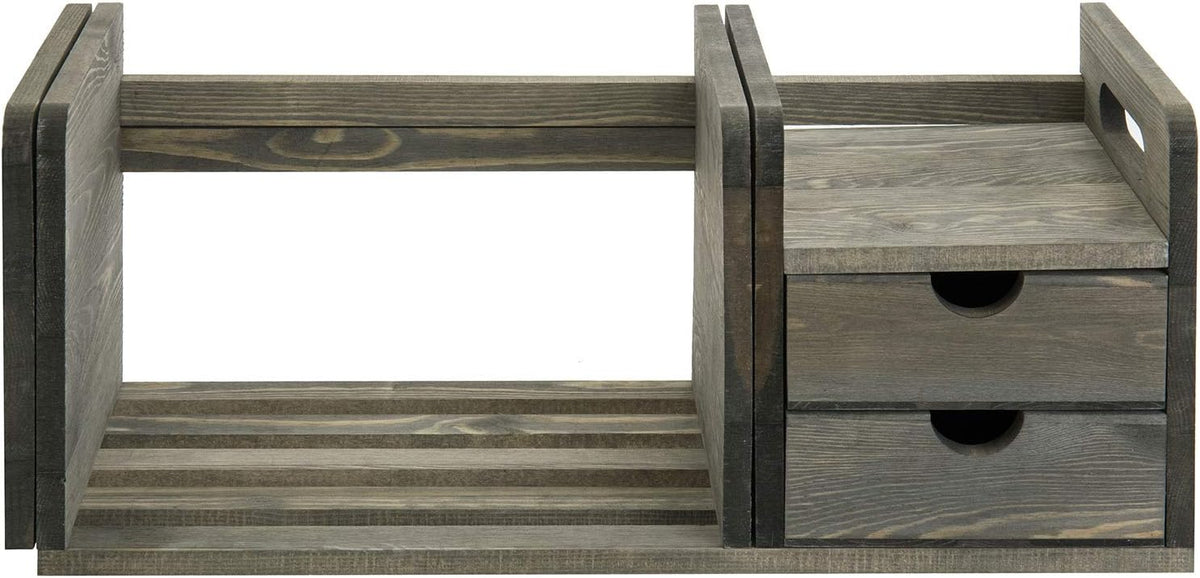 Vintage Gray Solid Wood Desktop Bookshelf Organizer with 2 Pullout Drawers H7127