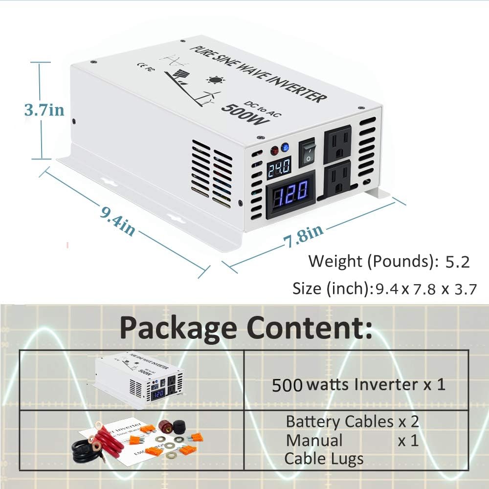 500w Pure Sine Wave Power Inverter 24v DC to 120v AC Z211028