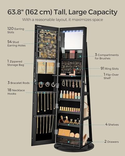White 6 LEDs Lockable Mirror Jewelry Cabinet with 3 Storage Shelves D92672