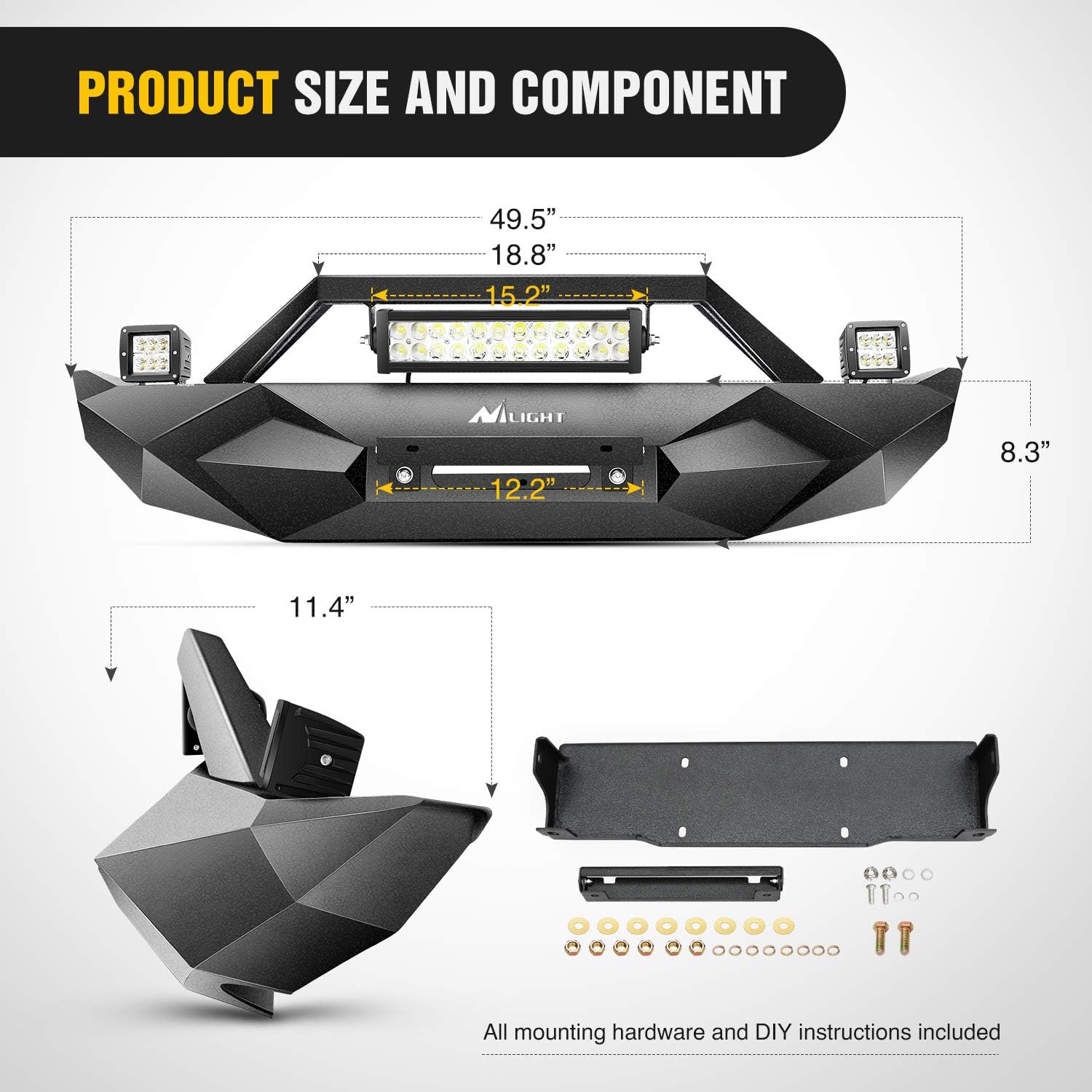 Front Bumper with Winch Plate with 72W LED Light Bar and 2 x 18W LED Work Light Pod G78025