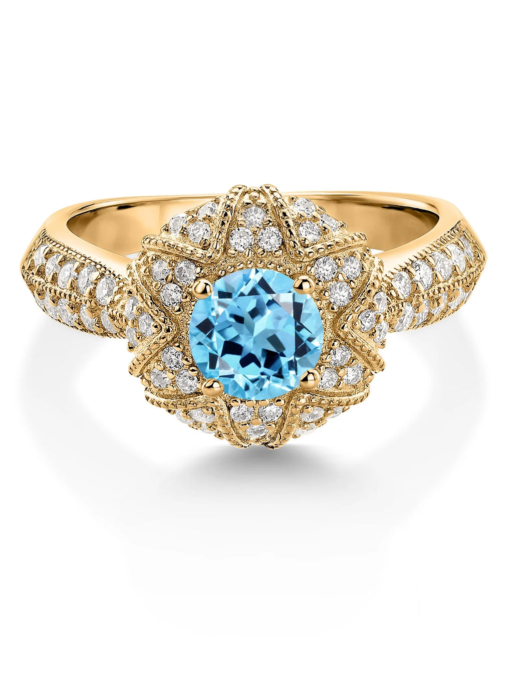 18K Yellow Gold Plated Silver Swiss Blue Topaz and White Moissanite Engagement Ring G669309