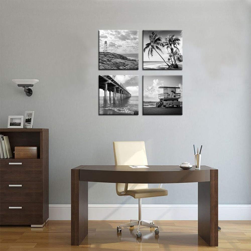 Black and White Beach Wall Art Florida Seascape Painting Lighthouse Lifeguard Tower Pier Picture Print Framed Artwork Ready to Hang O9580