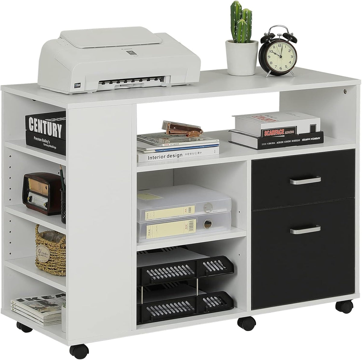 White 39 Wood Filing Cabinet with 4-Tier Open Side Storage Shelf L481