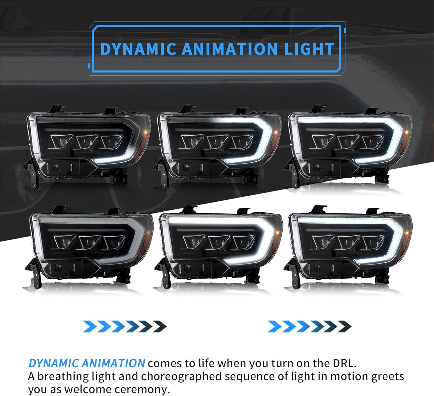 Projector LED Headlights with Sequential Turn Signal, DRL Black Trim Panels E367448