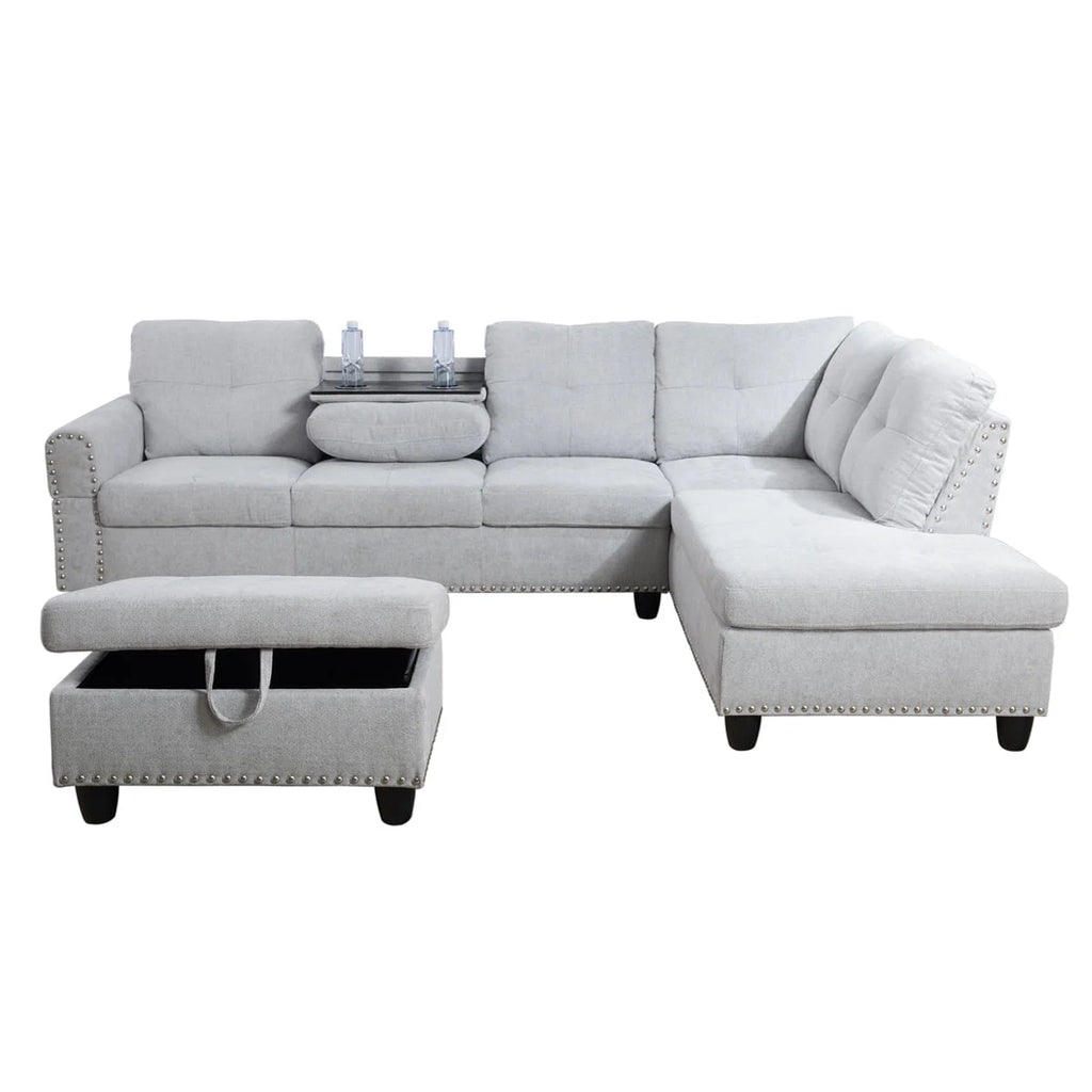 Linen Fabric Sectional Sofa with Storage Ottoman & Toss Pillows L302621