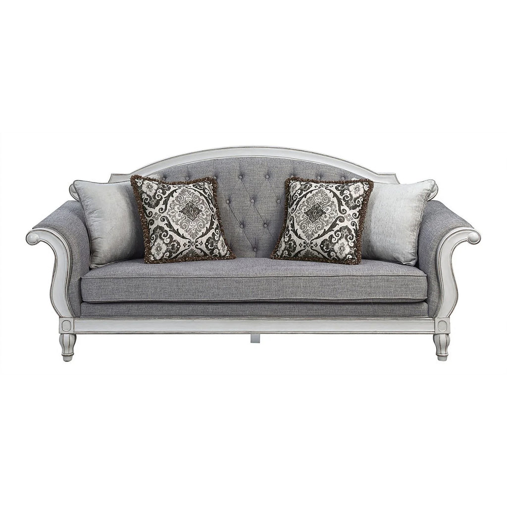Tufted Fabric Sofa with 4 Pillows in Gray/Antique White X15480