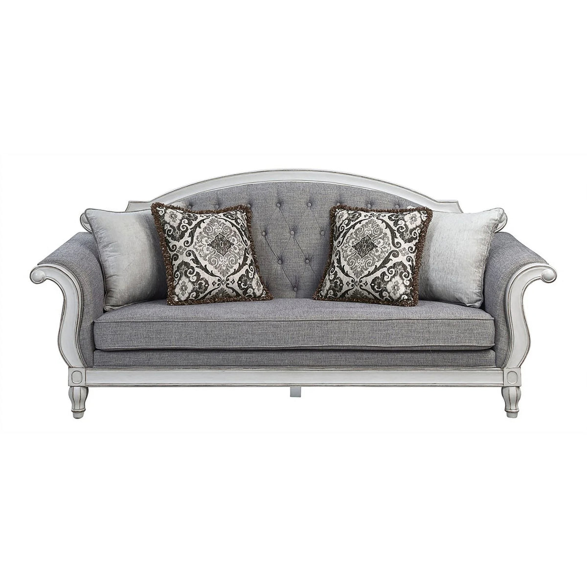 Tufted Fabric Sofa with 4 Pillows in Gray/Antique White X15480