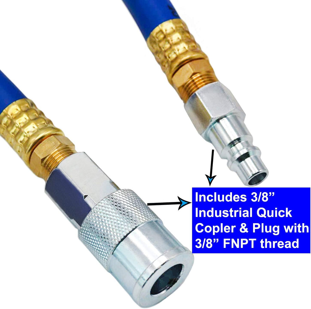 Hybrid Air Hose 1/2-Inch I.D. by 100-Feet Long Solid Brass Fittings 300 PSI Heavy Duty Lightweight Kink Resistant with 3/8" and 1/4" Industrial Quick Coupler Connectors Blue Y793119
