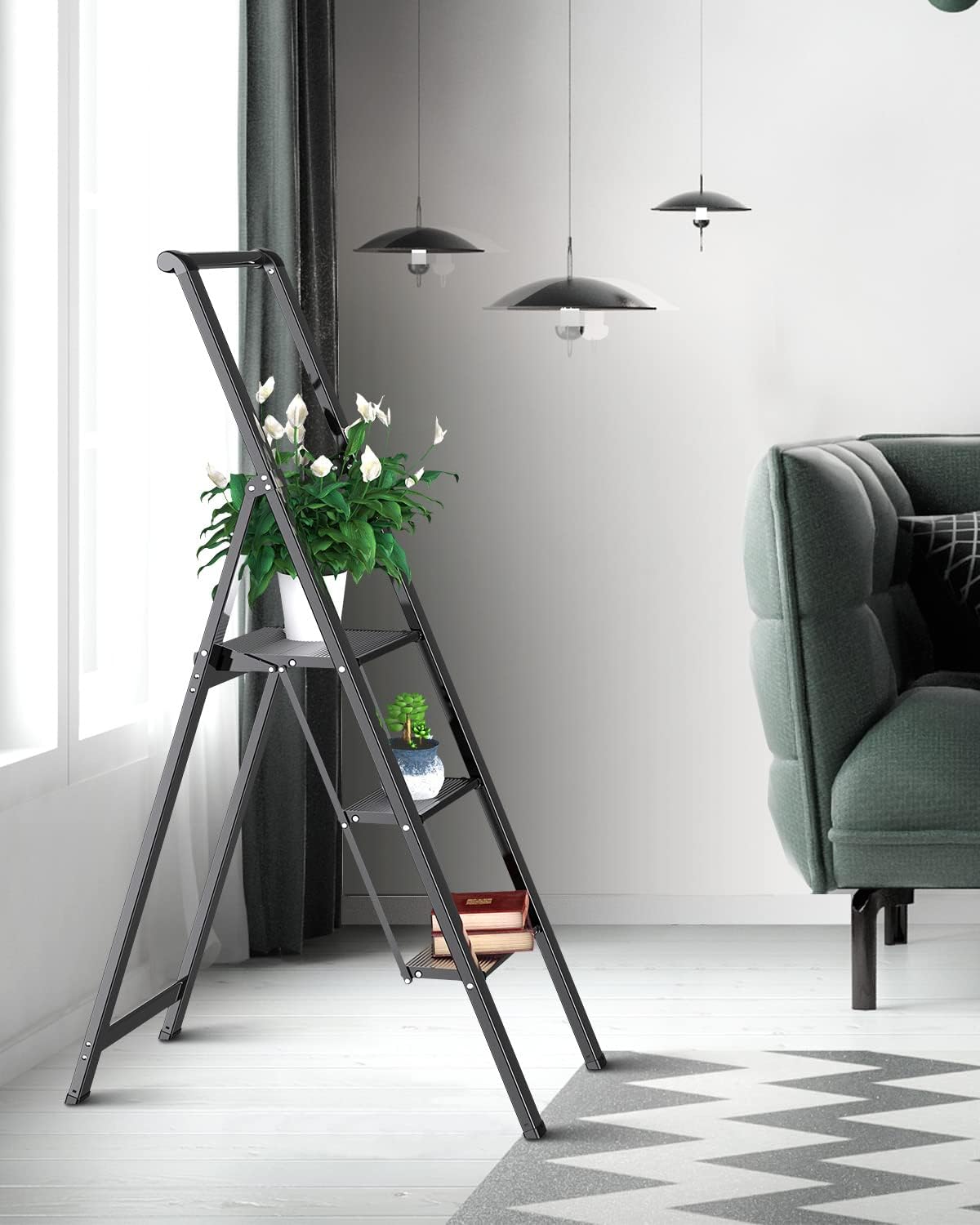 3 Step Folding Ladder with Handrail, Lightweight Aluminum Alloy Black, Anti-Slip Wide Pedal I35501