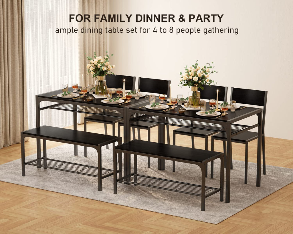 Black Kitchen Table with 2 Chairs and Bench with Storage Rack H992323