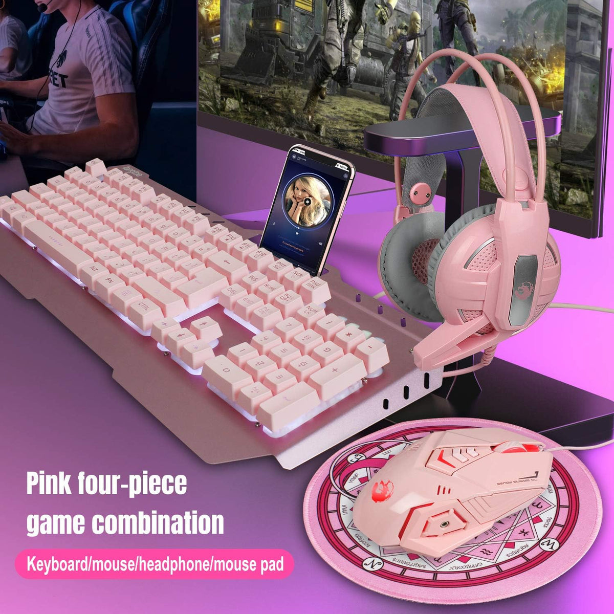 Pink 4-in-1 Gaming Keyboard Mouse Headset Combo, White Led Backlit 104 Keys Ergonomic Gamer Keyboard, 4800DPI Optical Game Mouse, 3.5mm Stereo Headset X74392