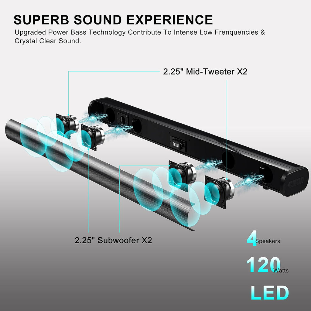 32 Inch 2.1ch Sound Bar with Dual Built-in Subwoofer, 120W, Bluetooth 5.0, HDMI/Optical/Aux/USB, Wall Mountable J432452