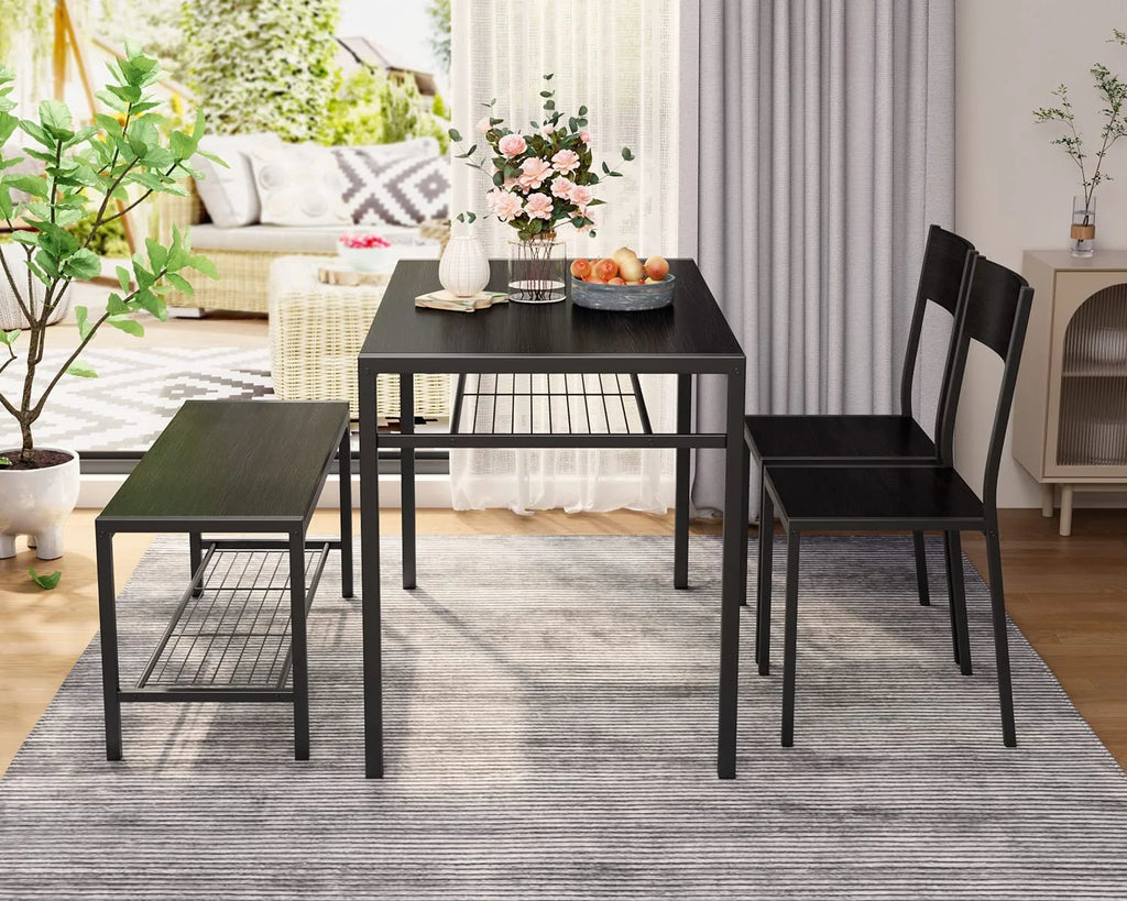 Black Kitchen Table with 2 Chairs and Bench with Storage Rack H992323