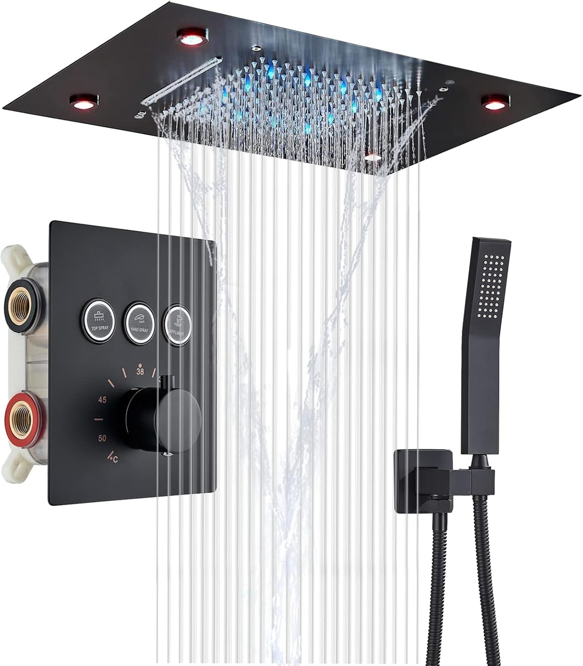 Matte Black 3 Functions Thermostatic Rain Shower Faucet Combo Set 14 X 20 Inch LED Waterfall Rainfall Shower Head with Hand Shower L4100