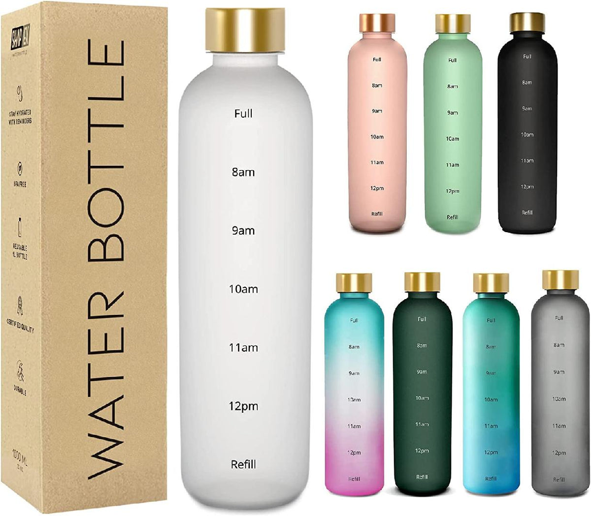 White 32 Oz BPA Free Frosted Water Bottle with Time Marker K64966
