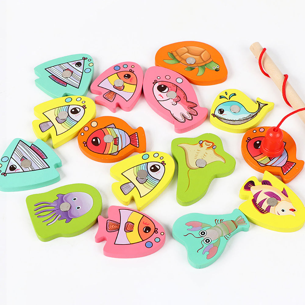 15pcs Wooden Magnetic Fishing Toy with 15 Fish and 1 Rod G36965