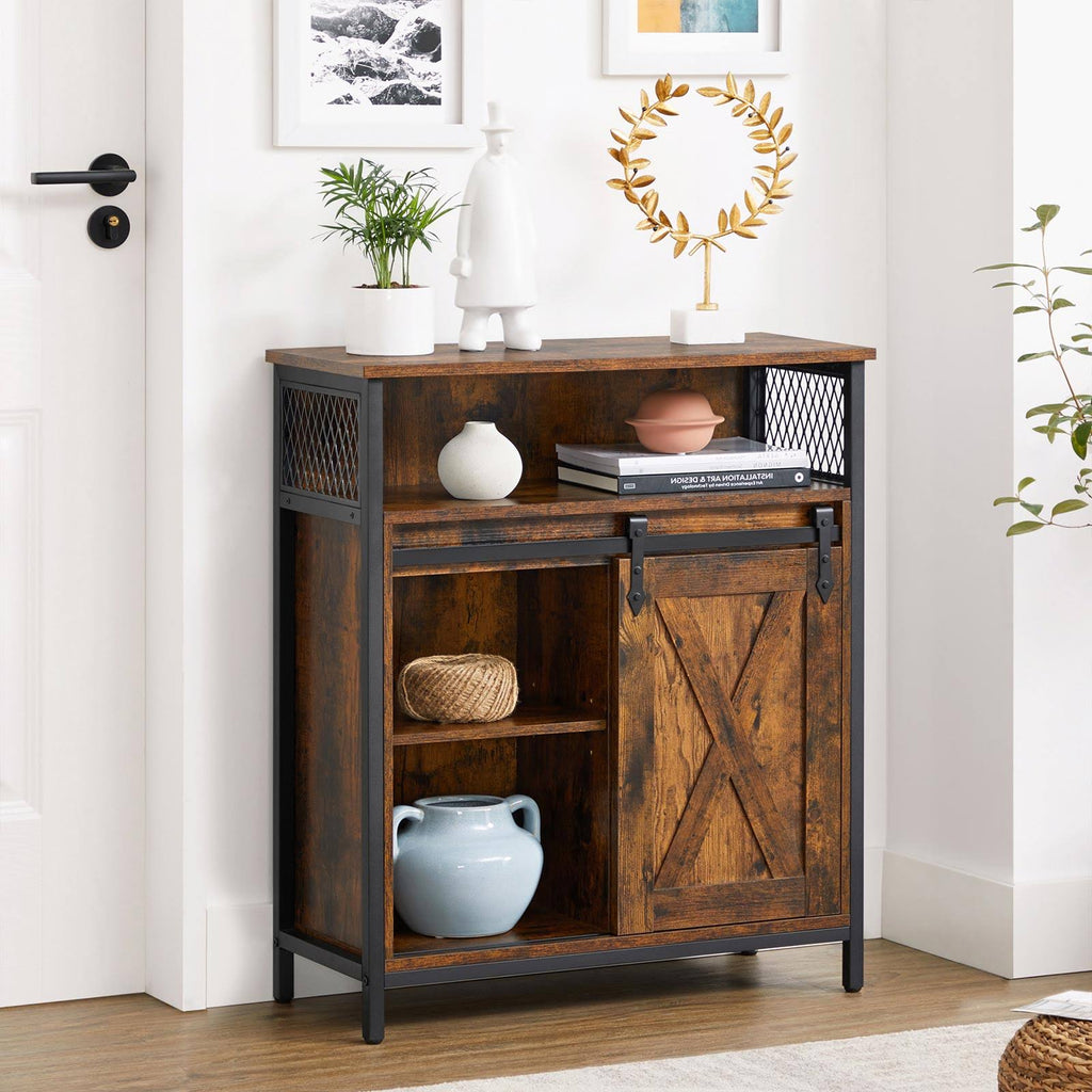 Rustic Brown Black Storage Sideboard with Barn Door X856323
