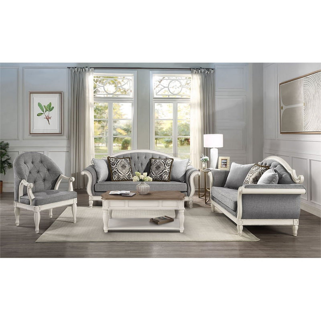 Tufted Fabric Sofa with 4 Pillows in Gray/Antique White X15480