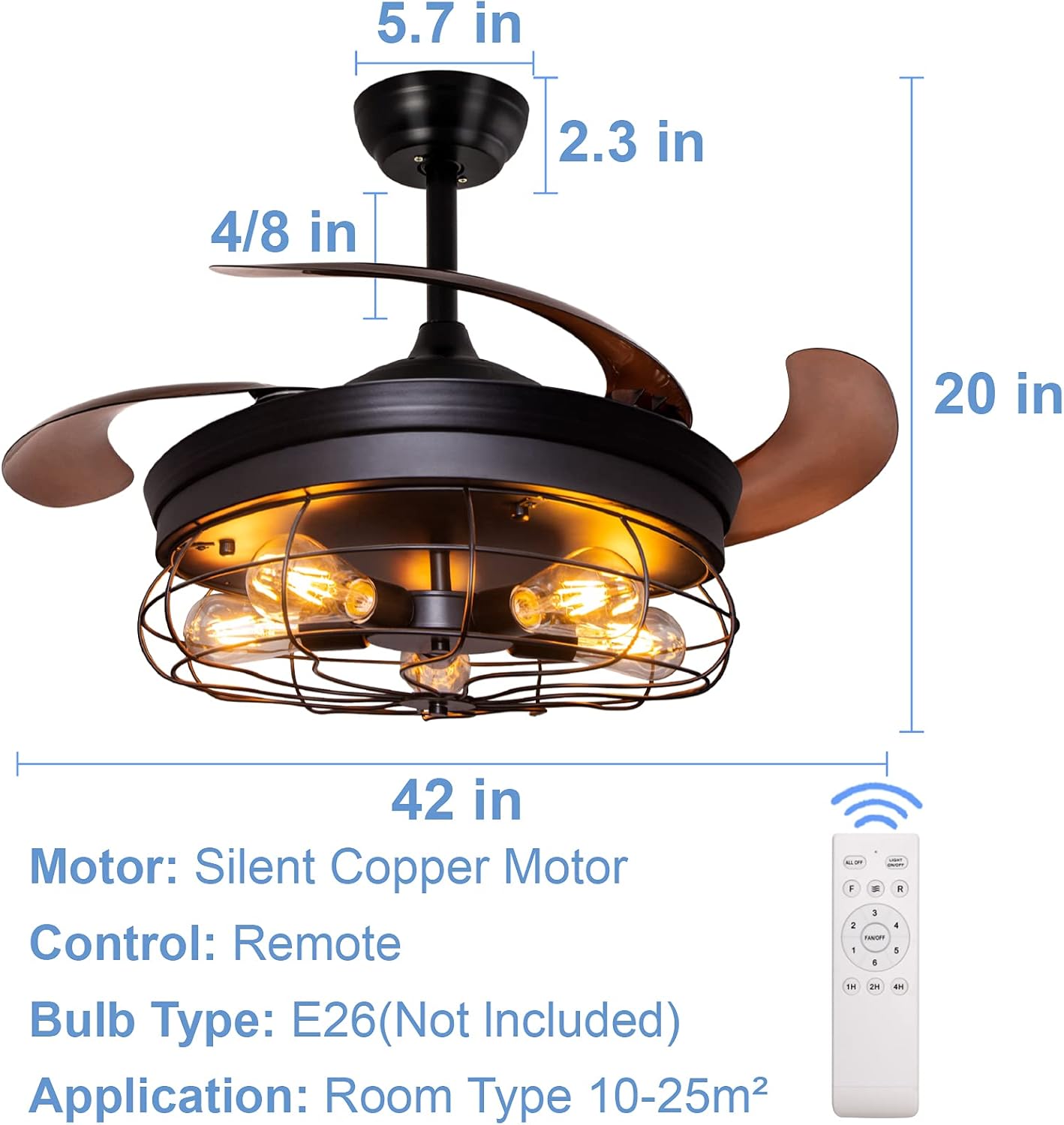 42'' Industrial Black Caged Ceiling Fan with Lights Remote Control R509979