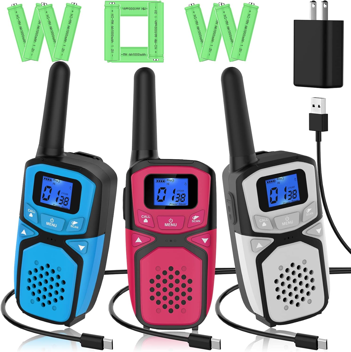 Rechargeable Walkie Talkies 4 Pack, 3 Miles Range (Blue Pink Green Orange) J2528