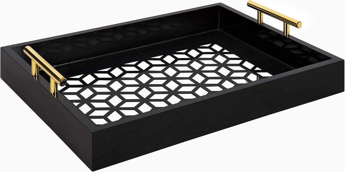 White and Gold Decorative Tray with Metal Handles B556904