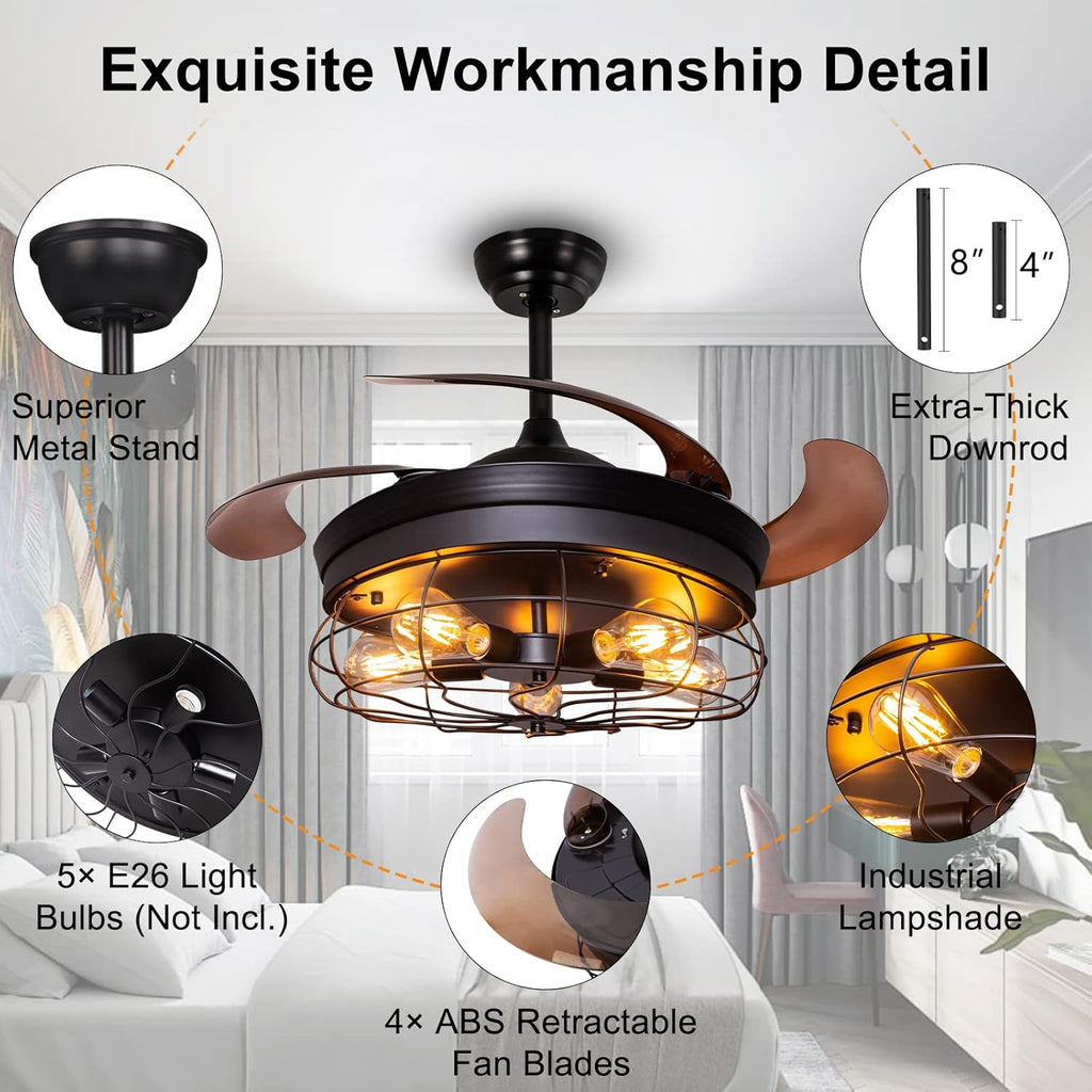 42'' Industrial Black Caged Ceiling Fan with Lights Remote Control R509979