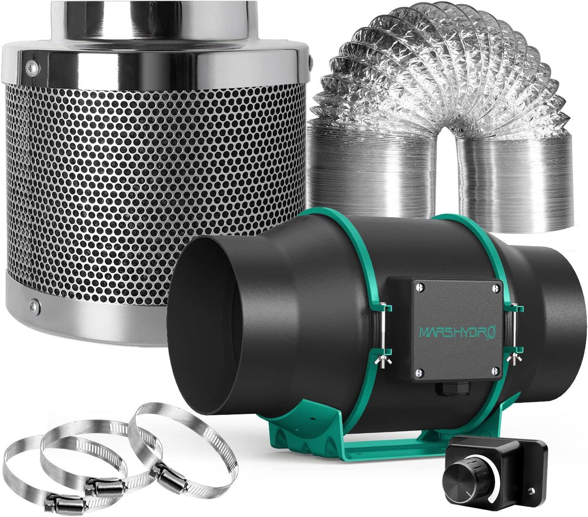 6 Inch 350CFM Inline Fan with Temperature and Humidity Controller, Carbon Filter, and 33 Feet of Ducting Combo N607