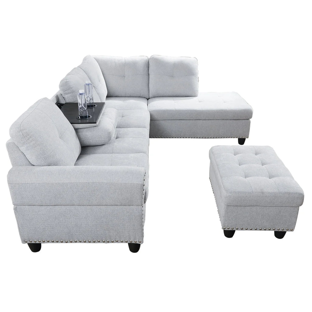 Linen Fabric Sectional Sofa with Storage Ottoman & Toss Pillows L302621
