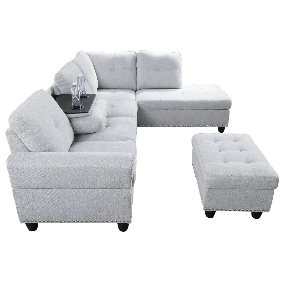 Linen Fabric Sectional Sofa with Storage Ottoman & Toss Pillows L302621