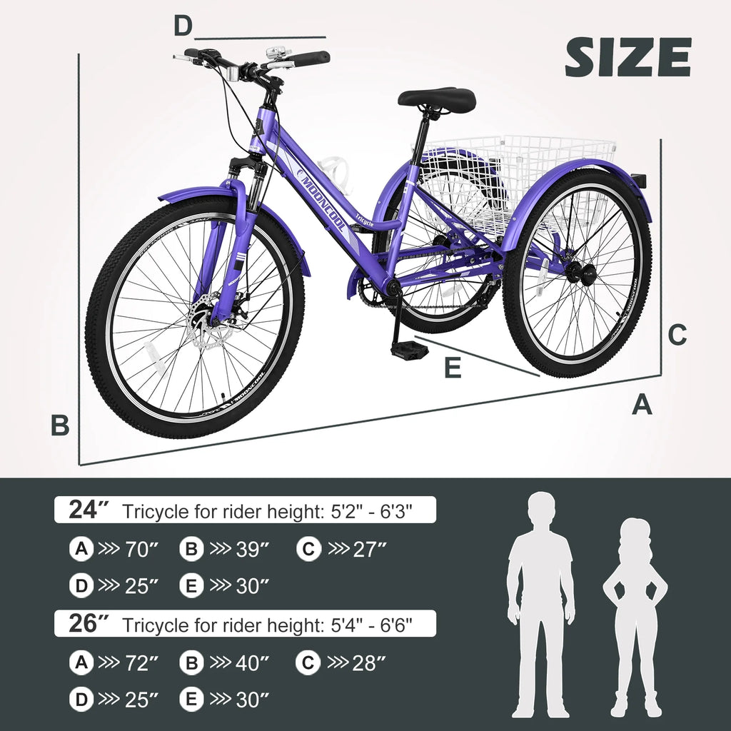 Adult Tricycle 7 Speed Three Wheel Bike with Shopping Basket K678