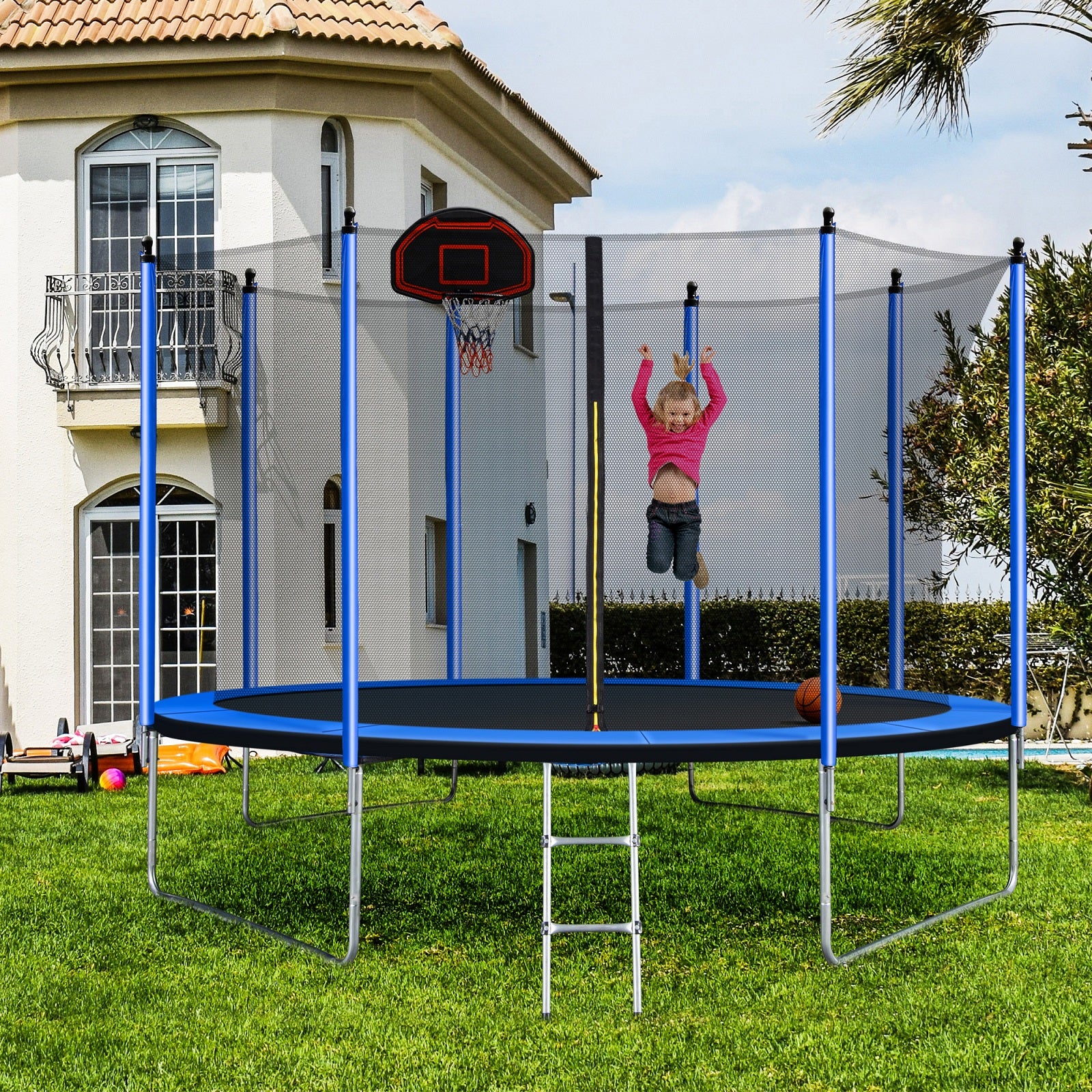 10ft Trampoline with Basketball Hoop and Ladder F64425