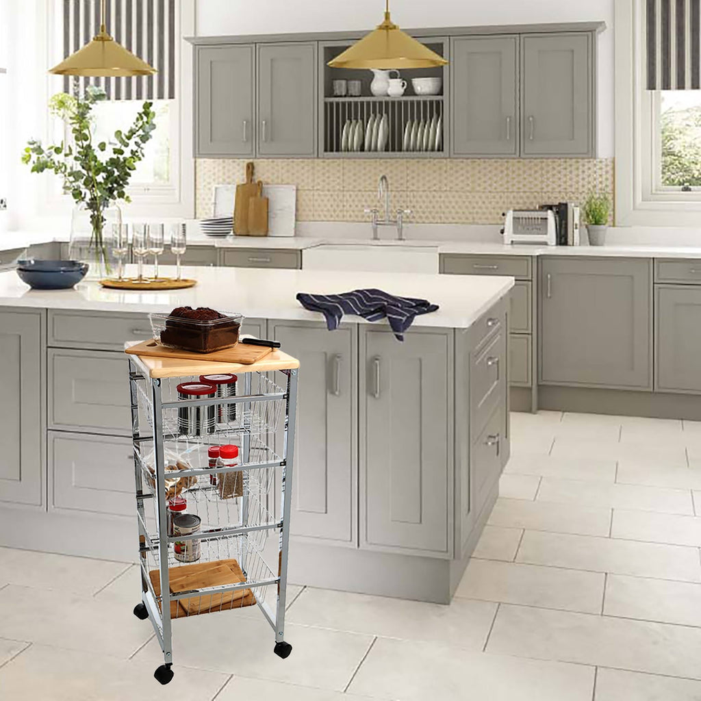 4 Tier Wire Basket Cart with Wood Surface H6945