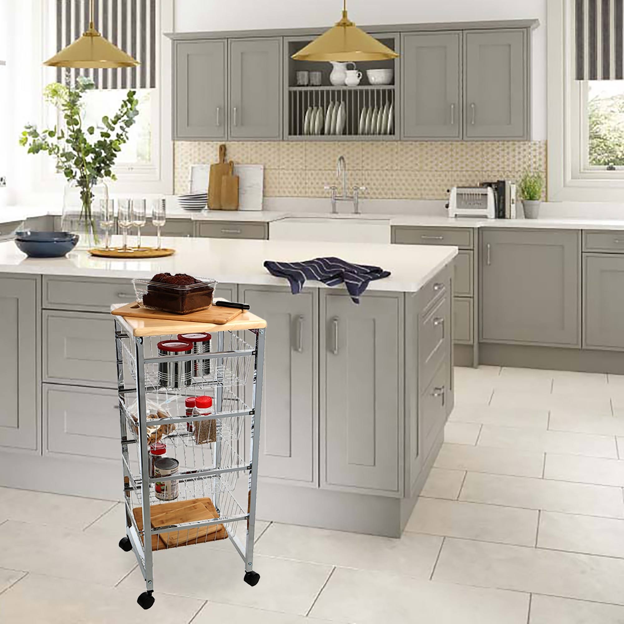 4 Tier Wire Basket Cart with Wood Surface H6945