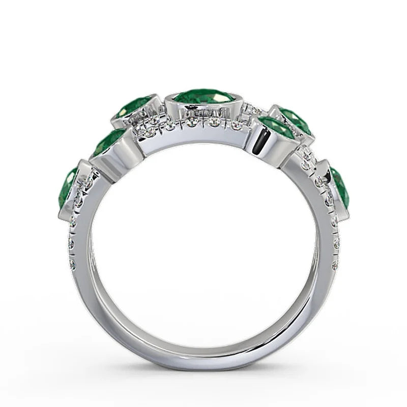 14K White Gold Emerald Diamond Engagement Eternity Band Size 6.5 M81394