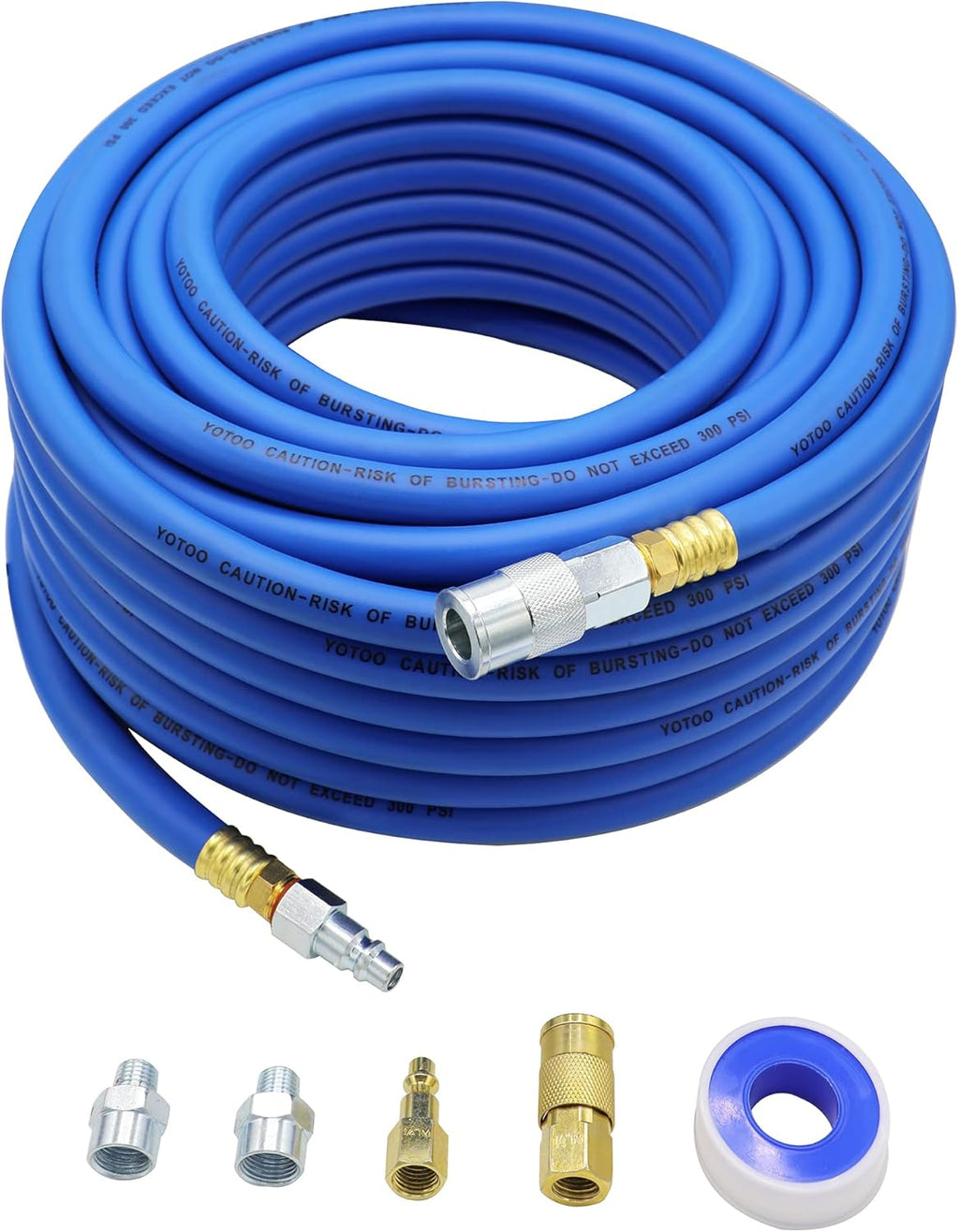 Hybrid Air Hose 1/2-Inch I.D. by 100-Feet Long Solid Brass Fittings 300 PSI Heavy Duty Lightweight Kink Resistant with 3/8" and 1/4" Industrial Quick Coupler Connectors Blue Y793119