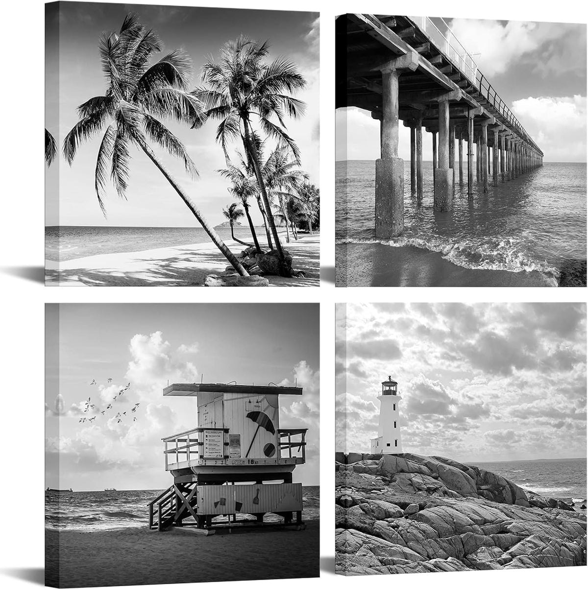 Black and White Beach Wall Art Florida Seascape Painting Lighthouse Lifeguard Tower Pier Picture Print Framed Artwork Ready to Hang O9580