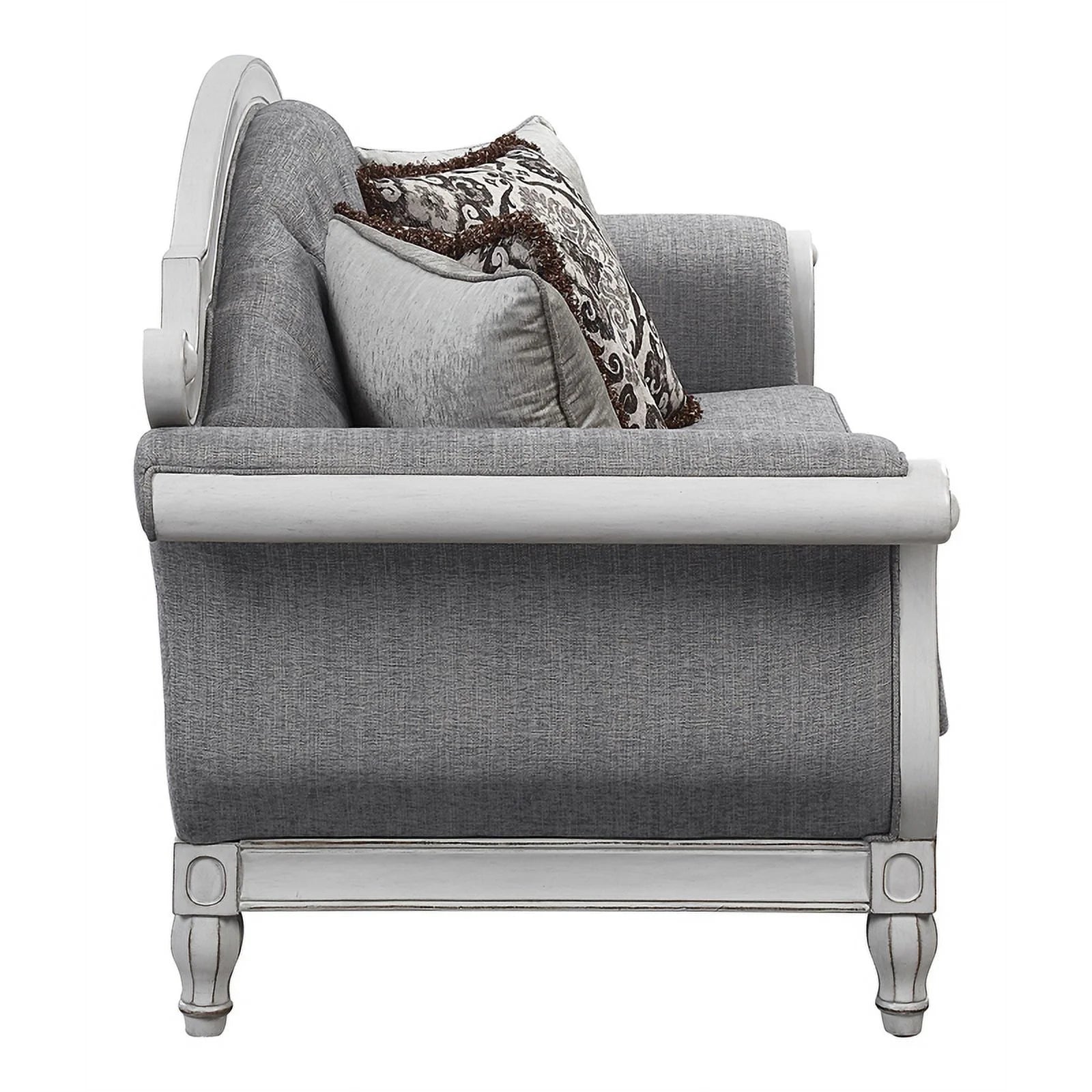 Tufted Fabric Sofa with 4 Pillows in Gray/Antique White X15480