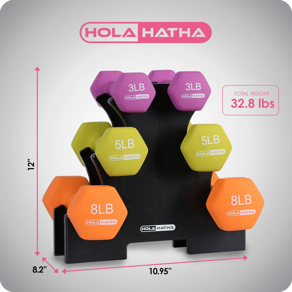 3, 5, and 8 Pound Dumbbell Hand Weight Set with Storage Rack P3401