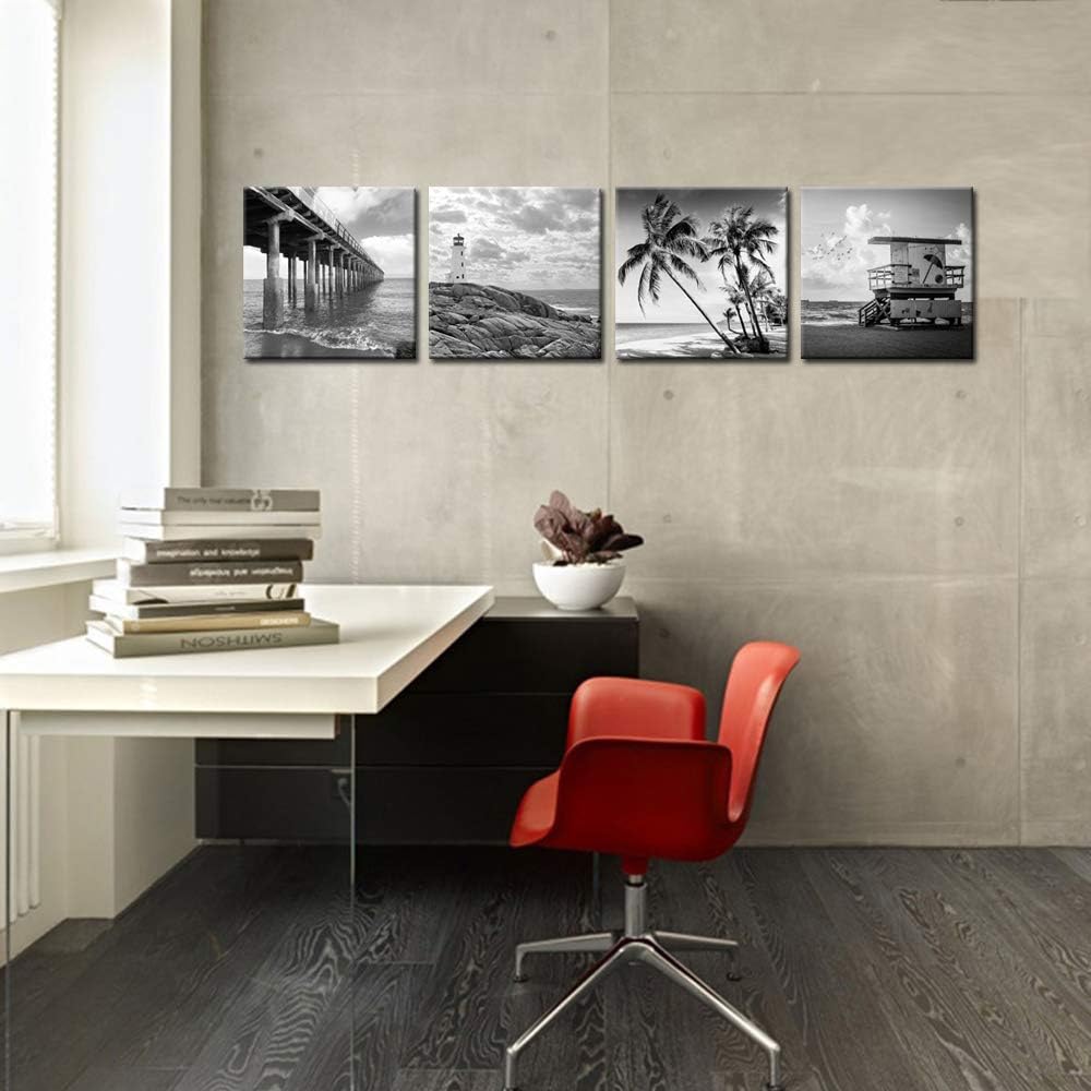Black and White Beach Wall Art Florida Seascape Painting Lighthouse Lifeguard Tower Pier Picture Print Framed Artwork Ready to Hang O9580