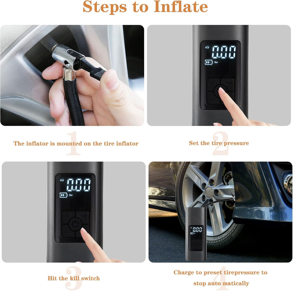 Portable Wireless Tire Air Inflator with 6000mAh Rechargeable Battery, Digital Display, Pack of 2 N301