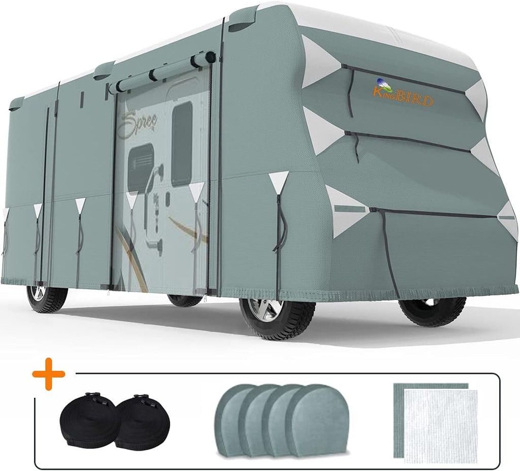 RV Cover, 5 Layers Anti-UV Top Panel, Fits 23'-26' Motorhome, with 2Pcs Straps & 4 Tire Covers D8653