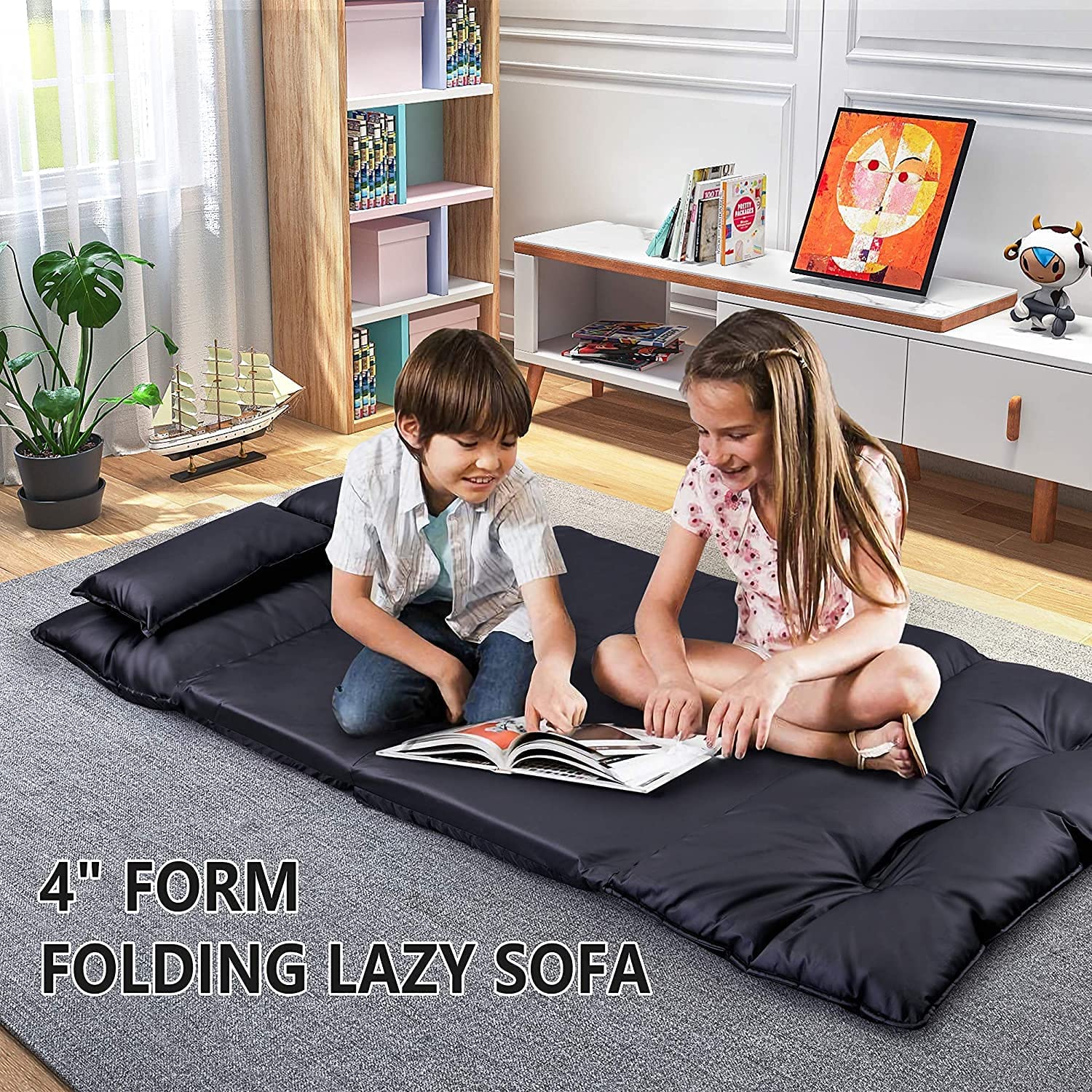 Adjustable Floor Sofa Bed with 2 Pillows, 5 Reclining Position, Black P554943