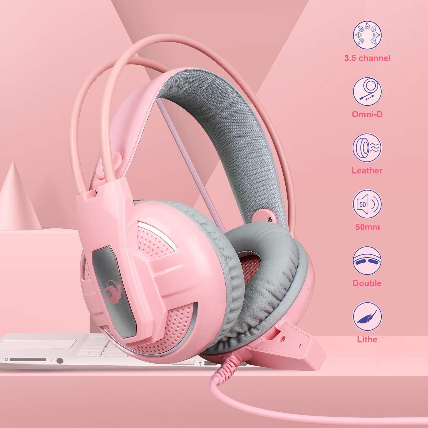Pink 4-in-1 Gaming Keyboard Mouse Headset Combo, White Led Backlit 104 Keys Ergonomic Gamer Keyboard, 4800DPI Optical Game Mouse, 3.5mm Stereo Headset X74392