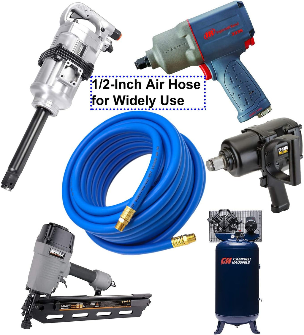 Hybrid Air Hose 1/2-Inch I.D. by 100-Feet Long Solid Brass Fittings 300 PSI Heavy Duty Lightweight Kink Resistant with 3/8" and 1/4" Industrial Quick Coupler Connectors Blue Y793119