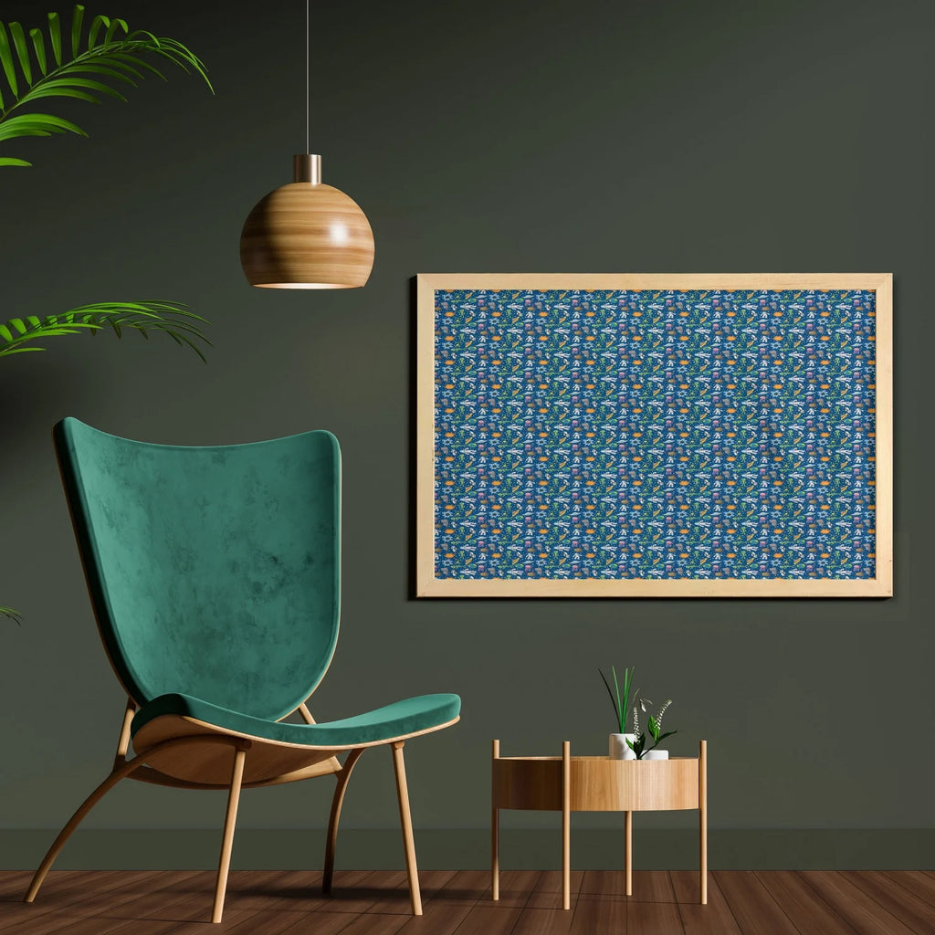 Ufo Aliens and Human Astronaut Making Friends Caricature Galaxy Pattern Printed Fabric Poster with Frame, 35" x 23", Multicolor Q16257