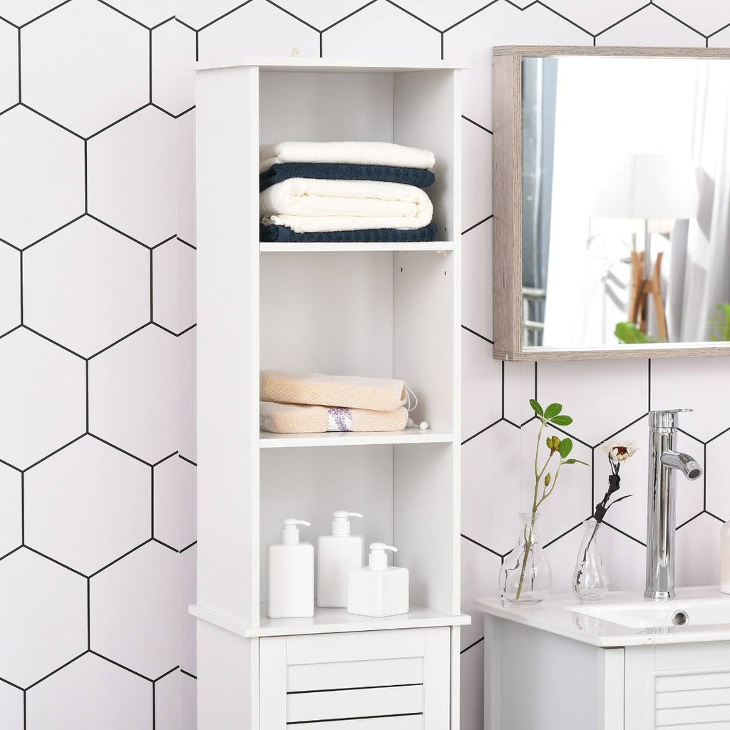 White Tall Storage Cabinet with Door and Open Shelves V20698
