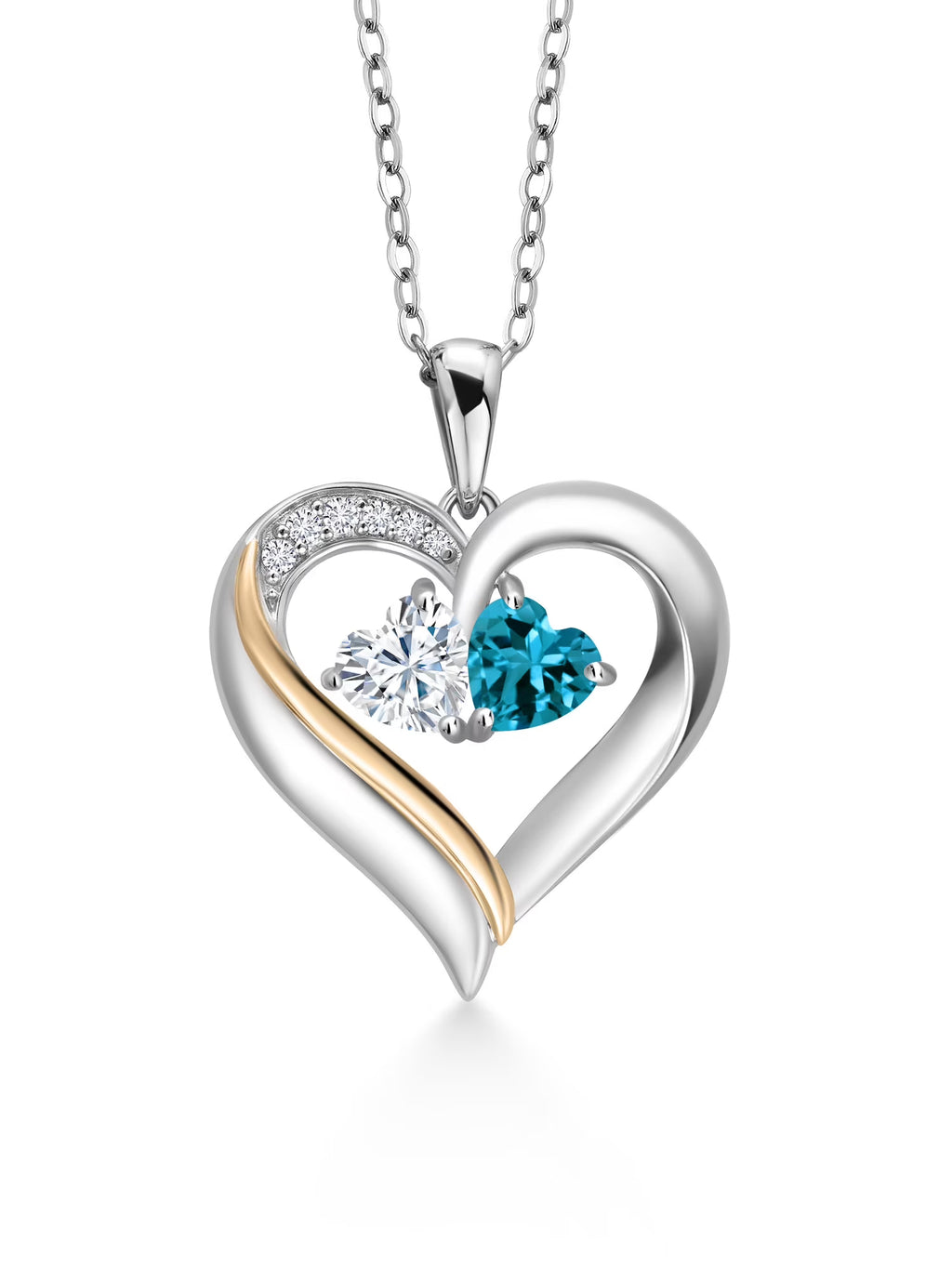 925 Silver 10K Yellow Gold Heart Shape Lab Grown Diamond Pendant Necklace with White Moissanite and London Blue Topaz (1.08 Cttw, Double Heart, 18 inch Chain) C821980