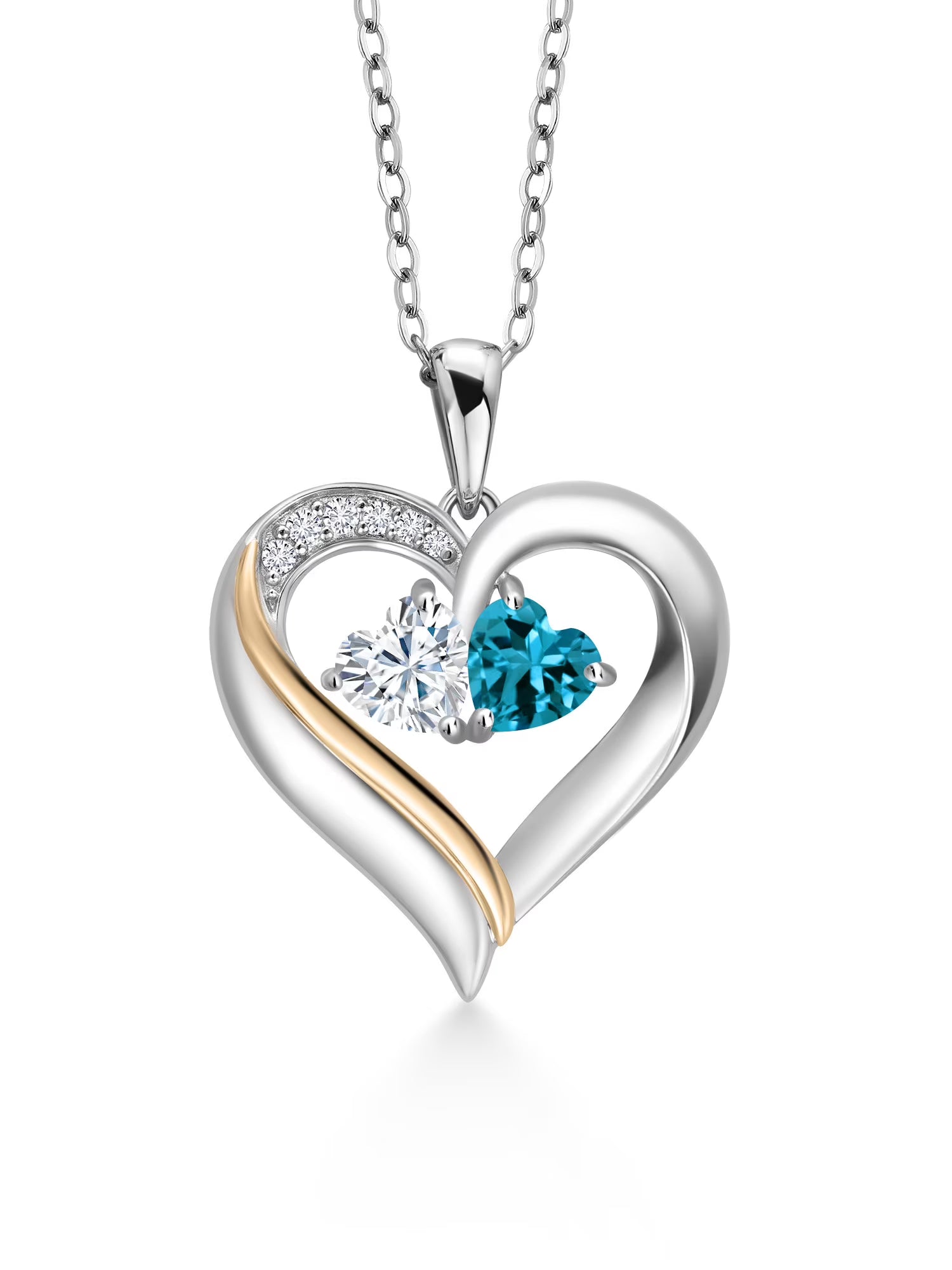 925 Silver 10K Yellow Gold Heart Shape Lab Grown Diamond Pendant Necklace with White Moissanite and London Blue Topaz (1.08 Cttw, Double Heart, 18 inch Chain) C821980