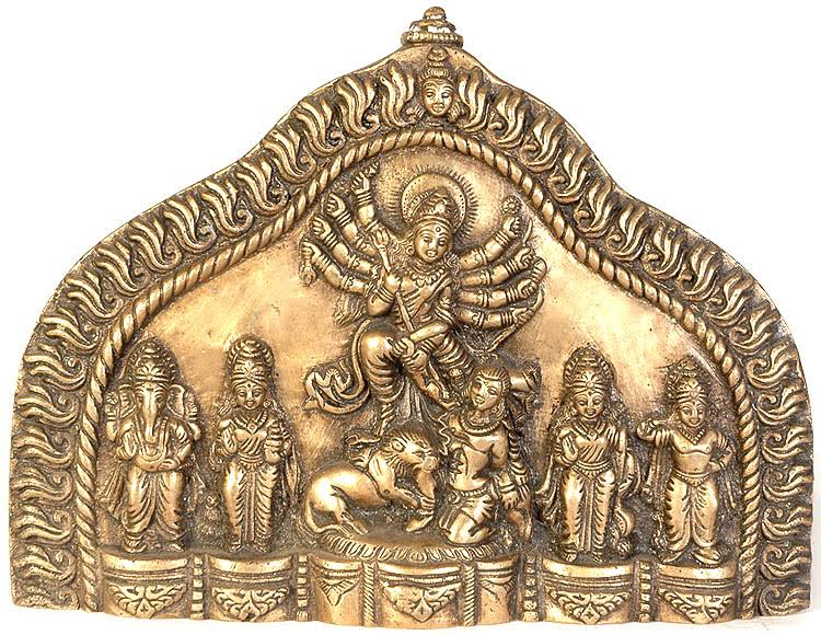 Wall Hanging Plate of Goddess Durga with Ganesha, Lakshmi, Saraswati and Karttikeya X532